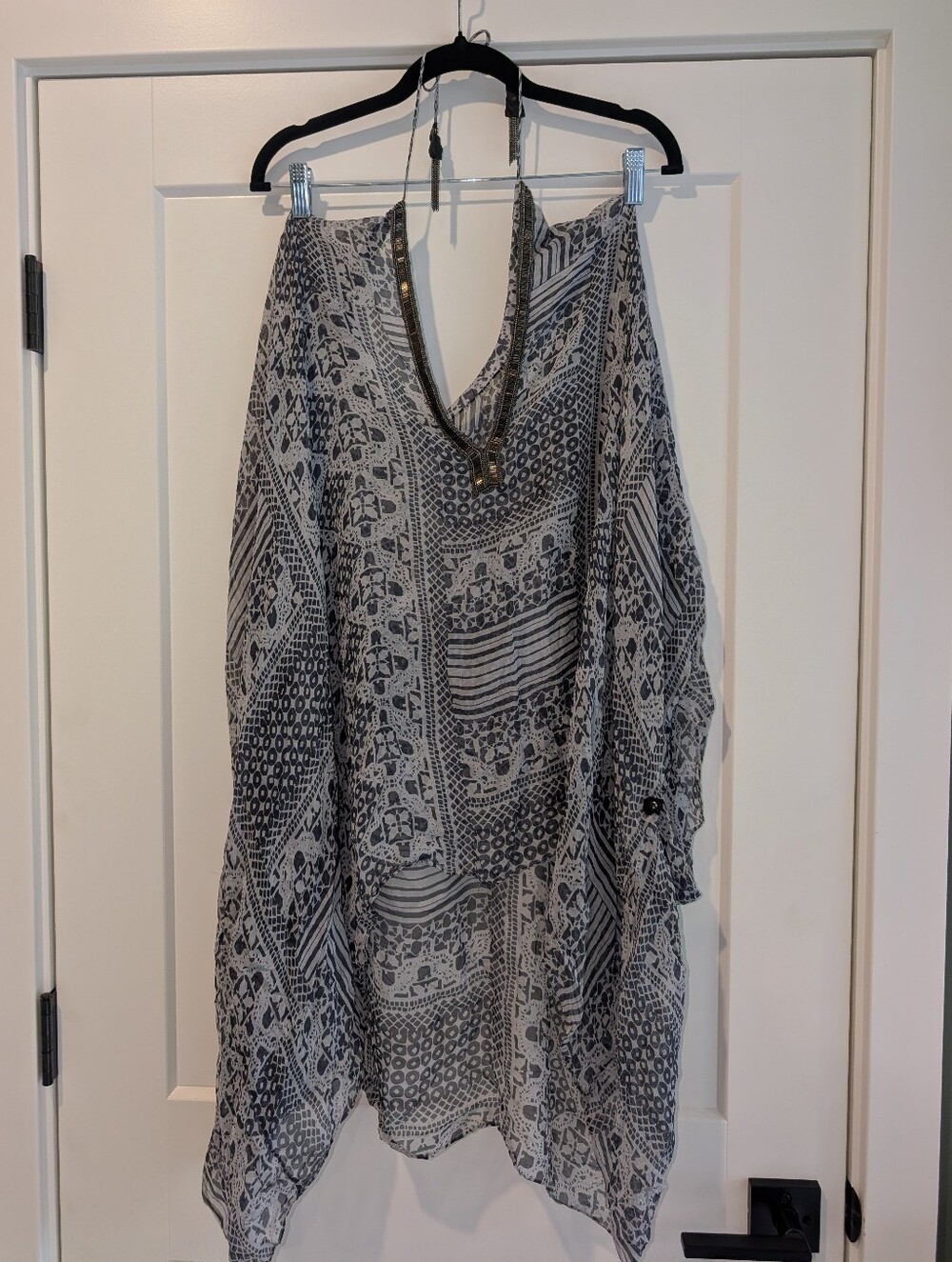 Vacances White and Gray Blue Printed Beaded Silk Halter Tie Coverup